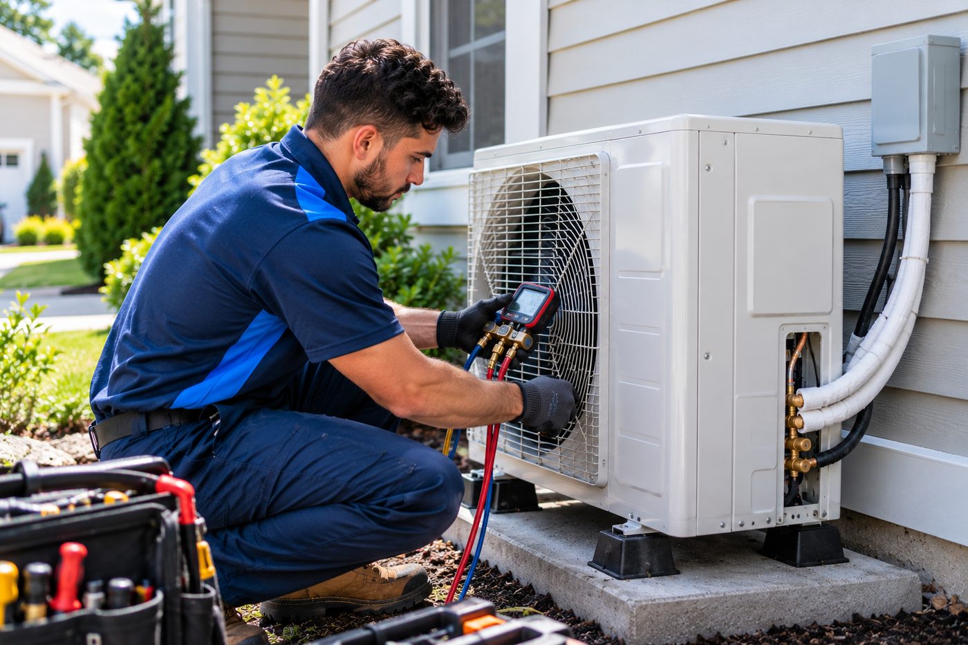 Mini Split Repair NJ technician replacing an outdoor ductless condenser unit at a New Jersey home