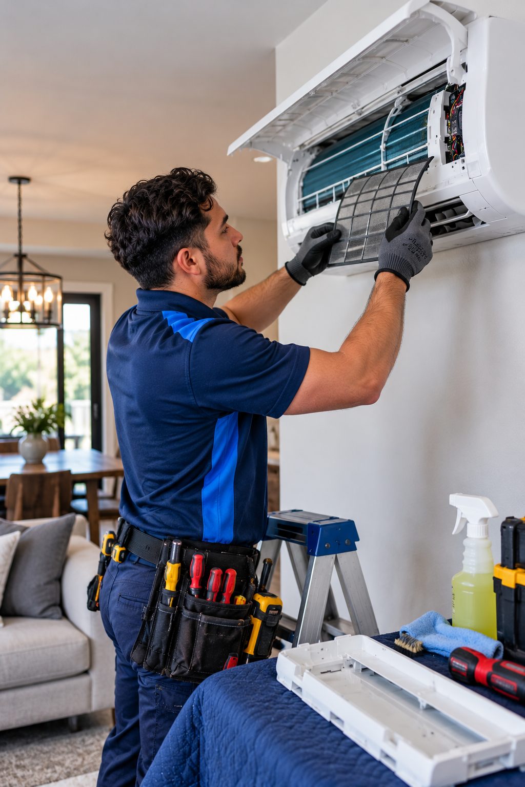 Mini Split Repair NJ technician performing maintenance on a wall-mounted ductless mini split in New Jersey