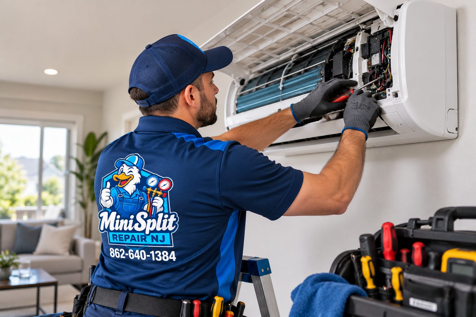 Mini Split Repair NJ specialist technician servicing a ductless mini split in New Jersey
